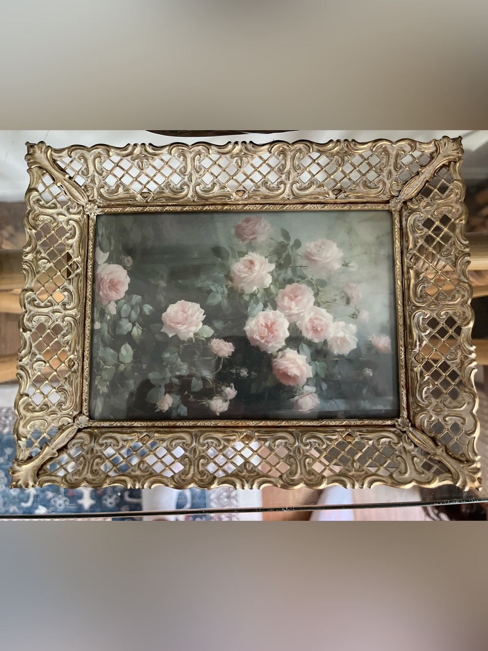 Vintage Filagree frame with Pink Floral Rose print
